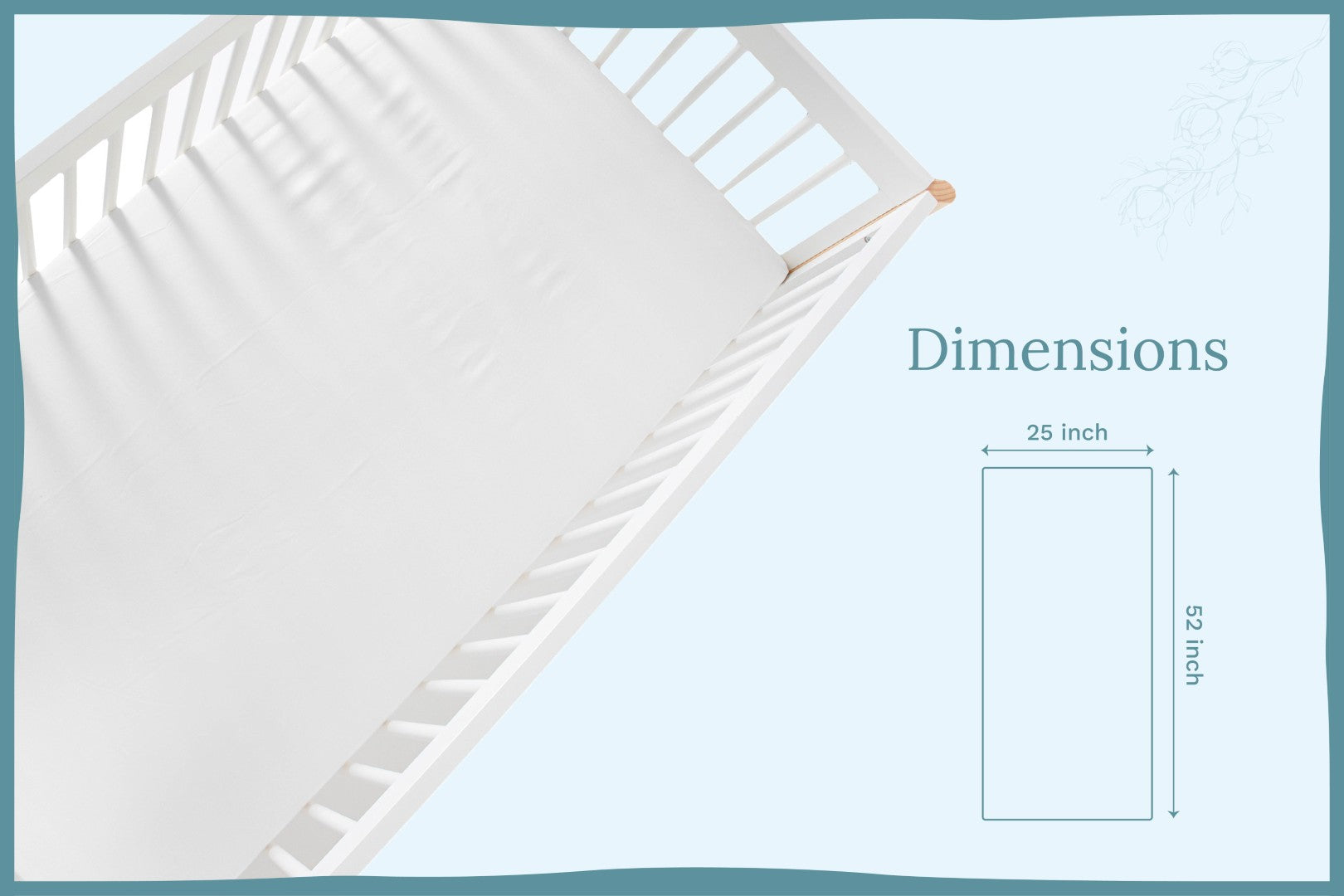 White fitted crib sheet with labeled dimensions, rectangular shape
