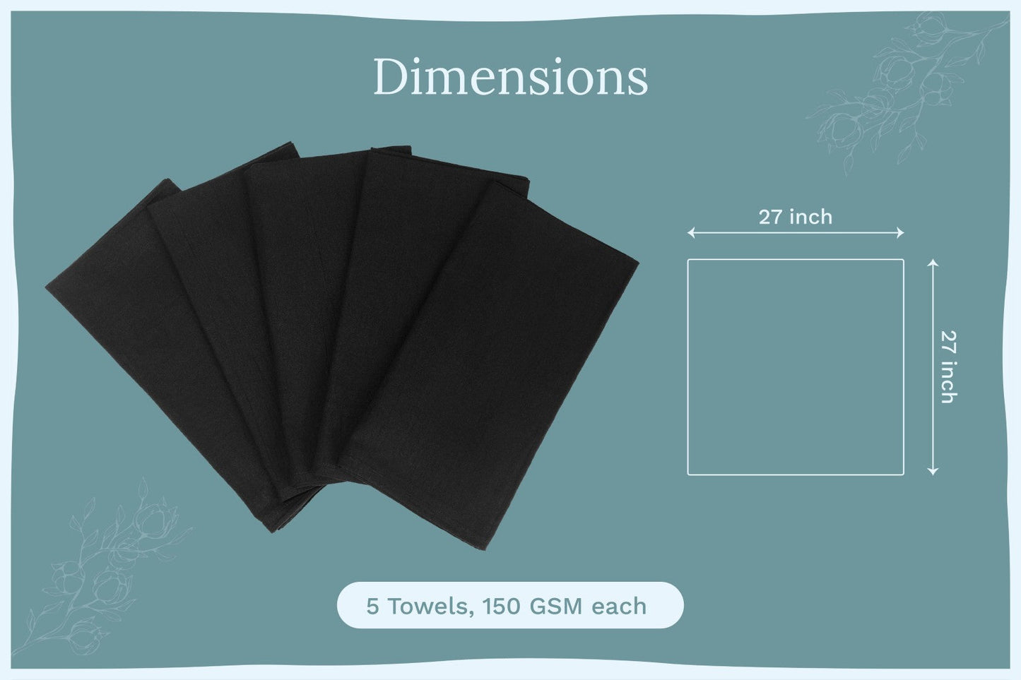 Five black flour sack kitchen towels, 27 in by 21 in each, 150 GSM