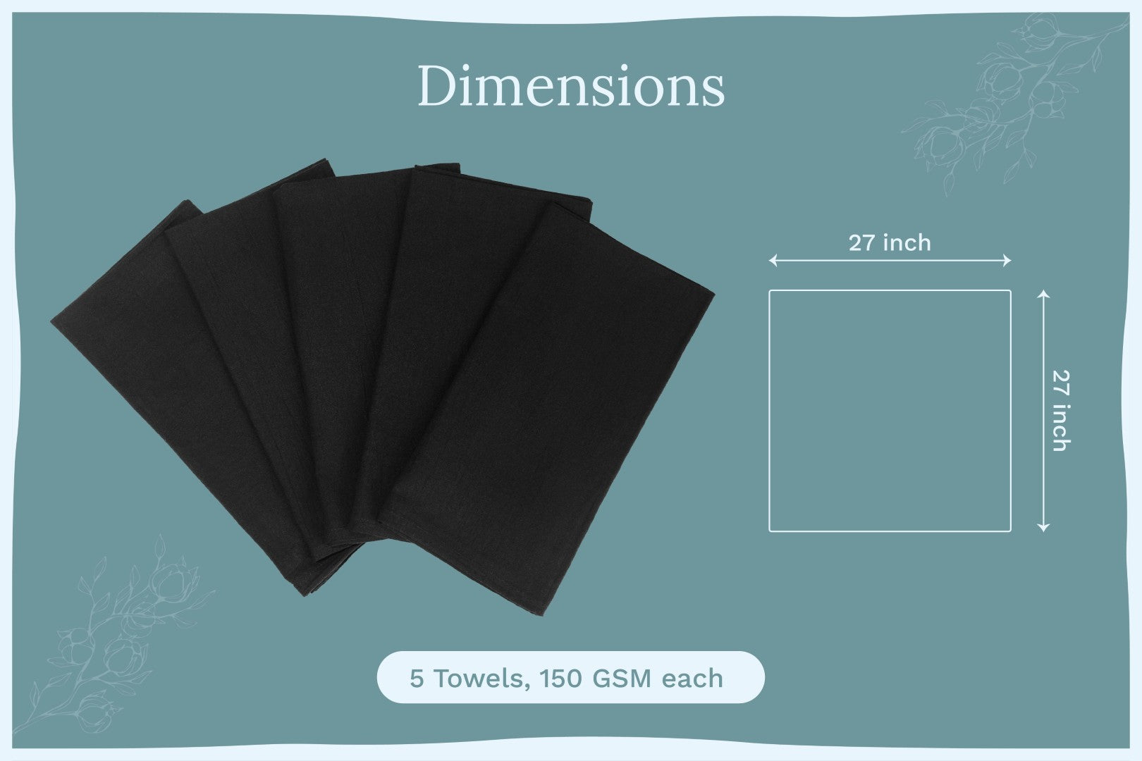 Five black flour sack kitchen towels, 27 in by 21 in each, 150 GSM