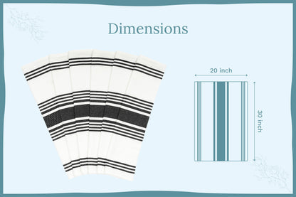 Set of kitchen towels with black-and-white horizontal stripes, shown folded.