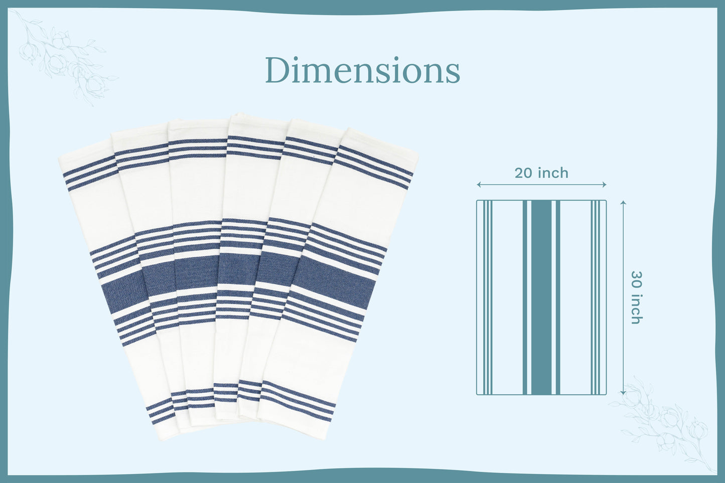Set of kitchen towels with navy-and-white horizontal stripes with dimension diagram.