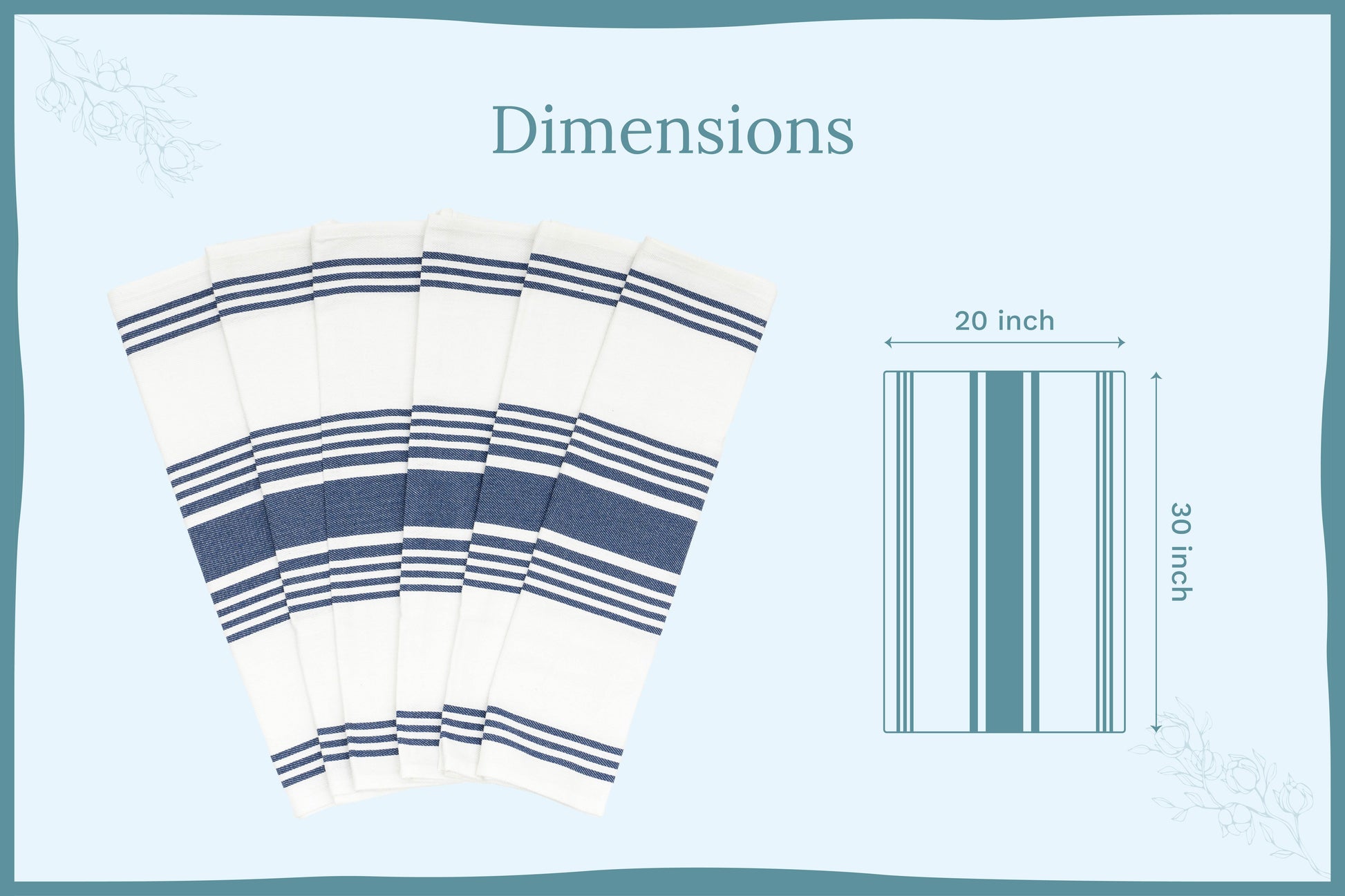 Set of kitchen towels with navy-and-white horizontal stripes with dimension diagram.