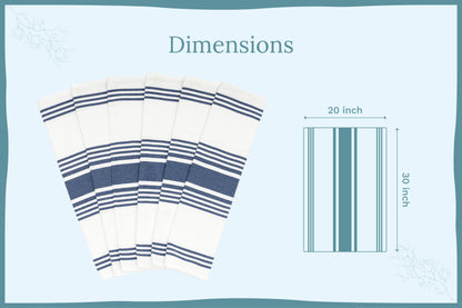 Set of kitchen towels with navy-and-white horizontal stripes with dimension diagram.
