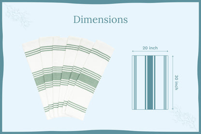 White kitchen towels with green stripes shown with size measurements