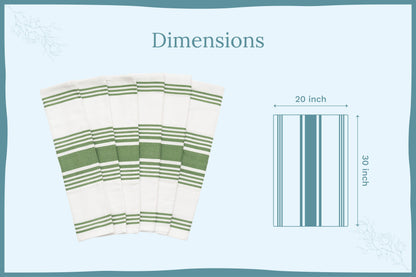 White kitchen towels with green stripes with a labeled size diagram