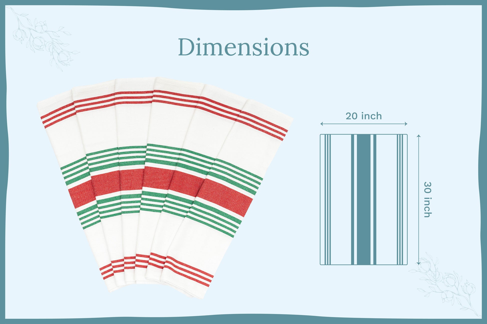 Green and red striped kitchen towels, folded fan of three pieces