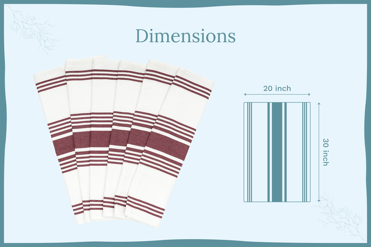 Maroon striped kitchen towel set with labeled dimensions diagram
