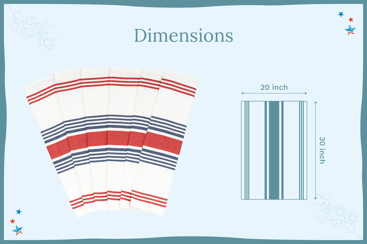 Red and blue striped kitchen towels, folded fan of three pieces