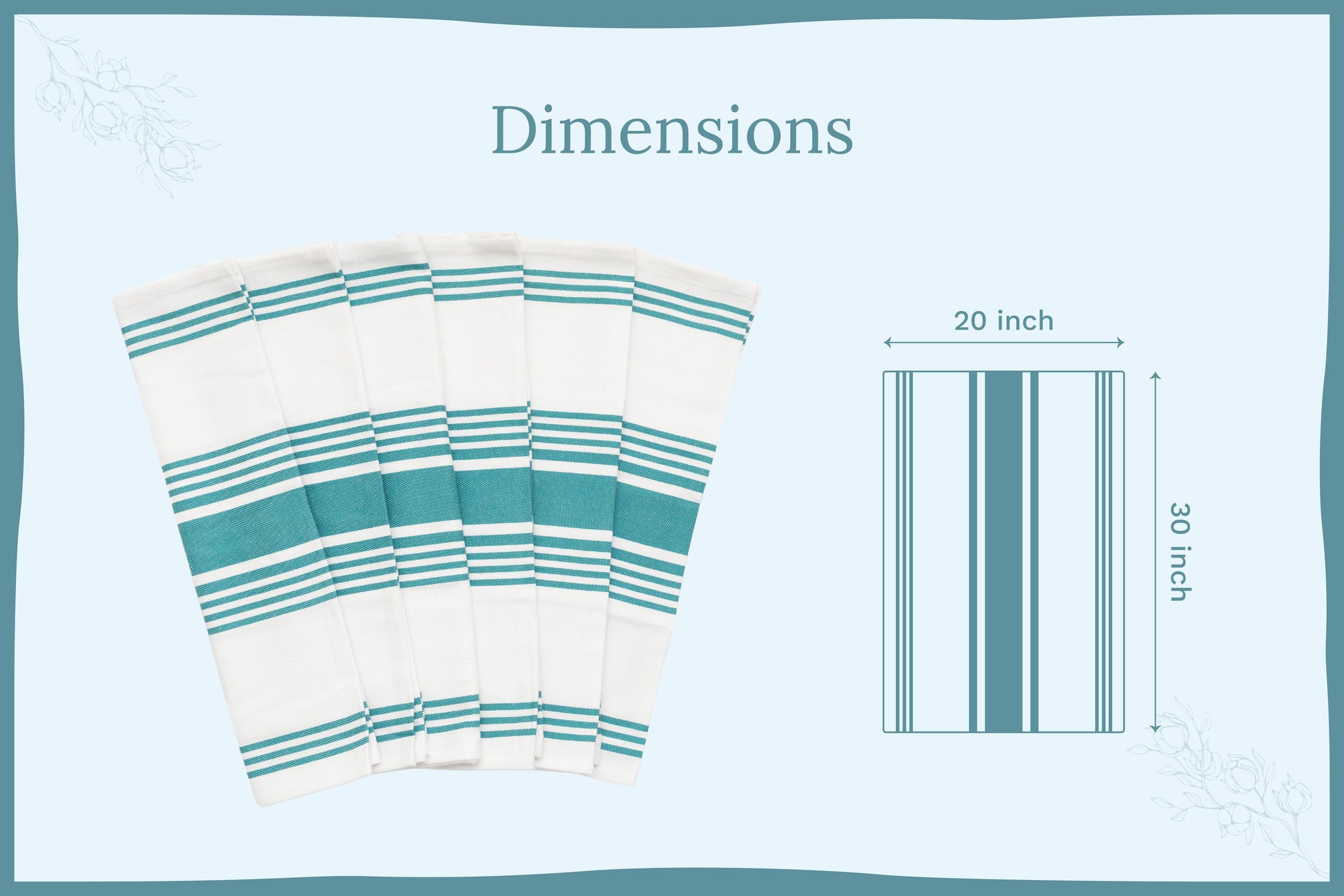 Kitchen towel with white fabric and teal horizontal stripes, shown with dimensions