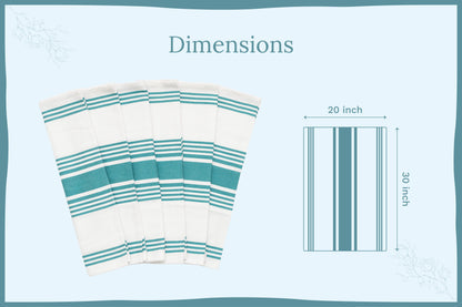 Kitchen towel with white fabric and teal horizontal stripes, shown with dimensions