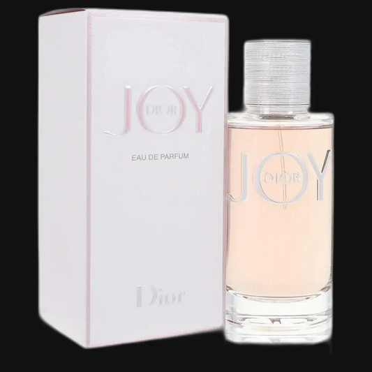 Dior Joy women’s eau de parfum bottle with pale pink juice, silver cap, and box
