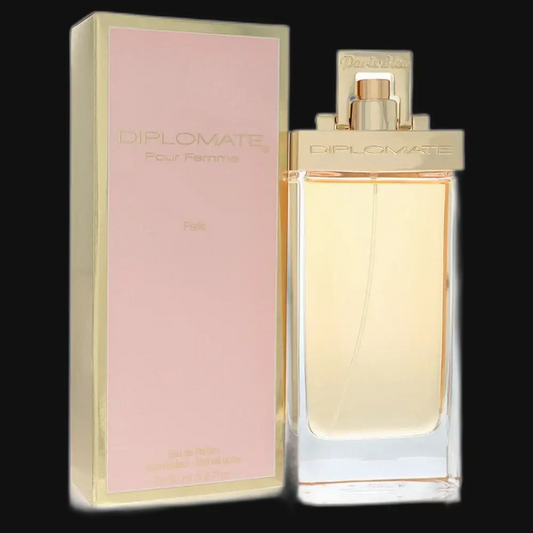 Paris Bleu women’s Diplomate perfume: glass bottle with gold cap and pale label, in box