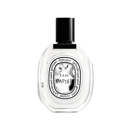 Diptyque L’Eau Papier EDT bottle with black cap, clear glass and oval label