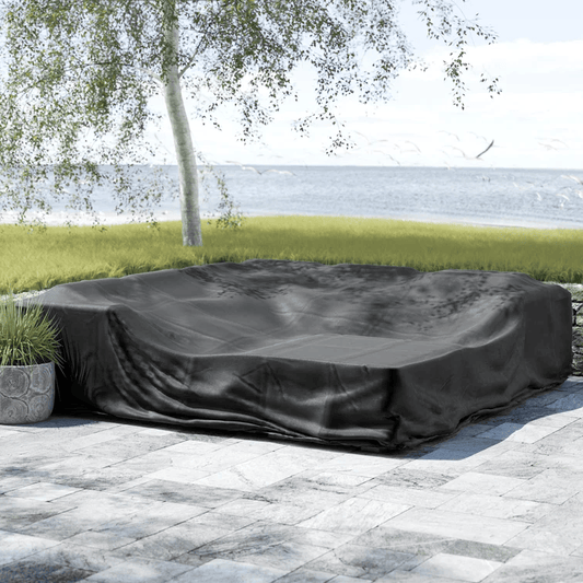 Outdoor furniture cover, dark gray/black, fitted with wrinkled waterproof fabric.
