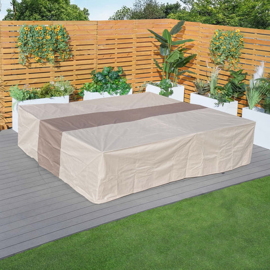 Outdoor sectional sofa cover, light beige/cream, draped over the seat area.