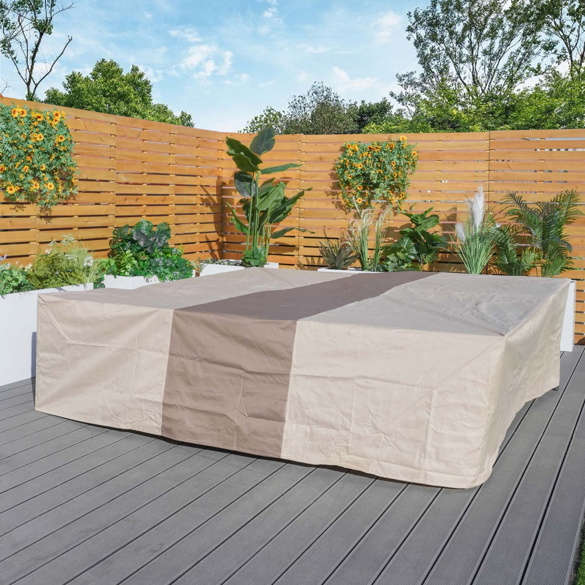 Patio furniture sofa cover, light beige/cream color, fully covering the sectional.