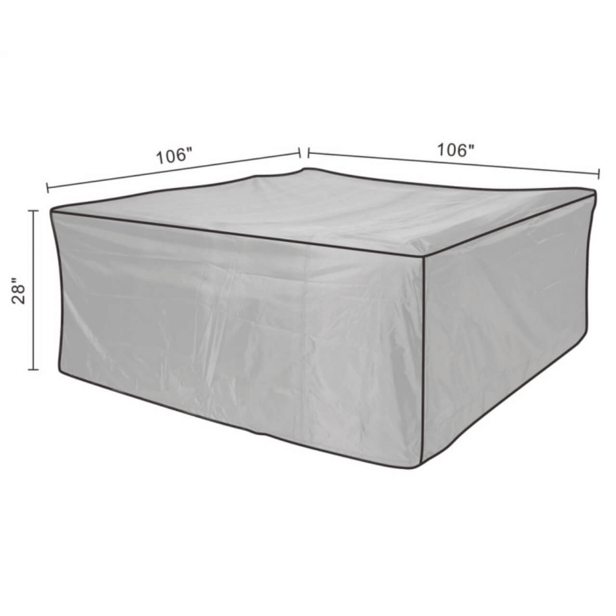 Sectional sofa cover diagram showing light gray cover dimensions: 106" x 106" x 28".