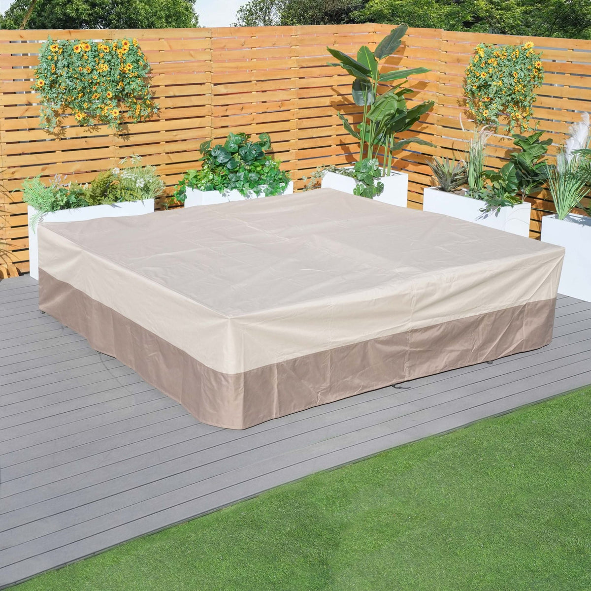 Outdoor sectional sofa cover, light beige/cream, stretched over the entire sectional top.