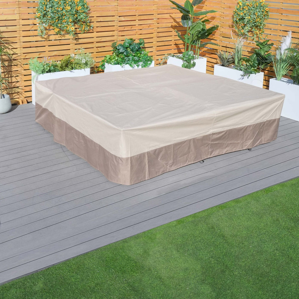 Patio sectional sofa cover in light beige/cream, covering seat cushions and sides.