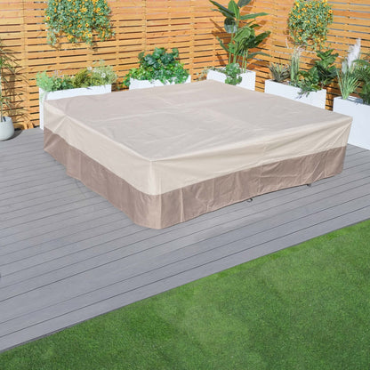 Patio sectional sofa cover in light beige/cream, covering seat cushions and sides.