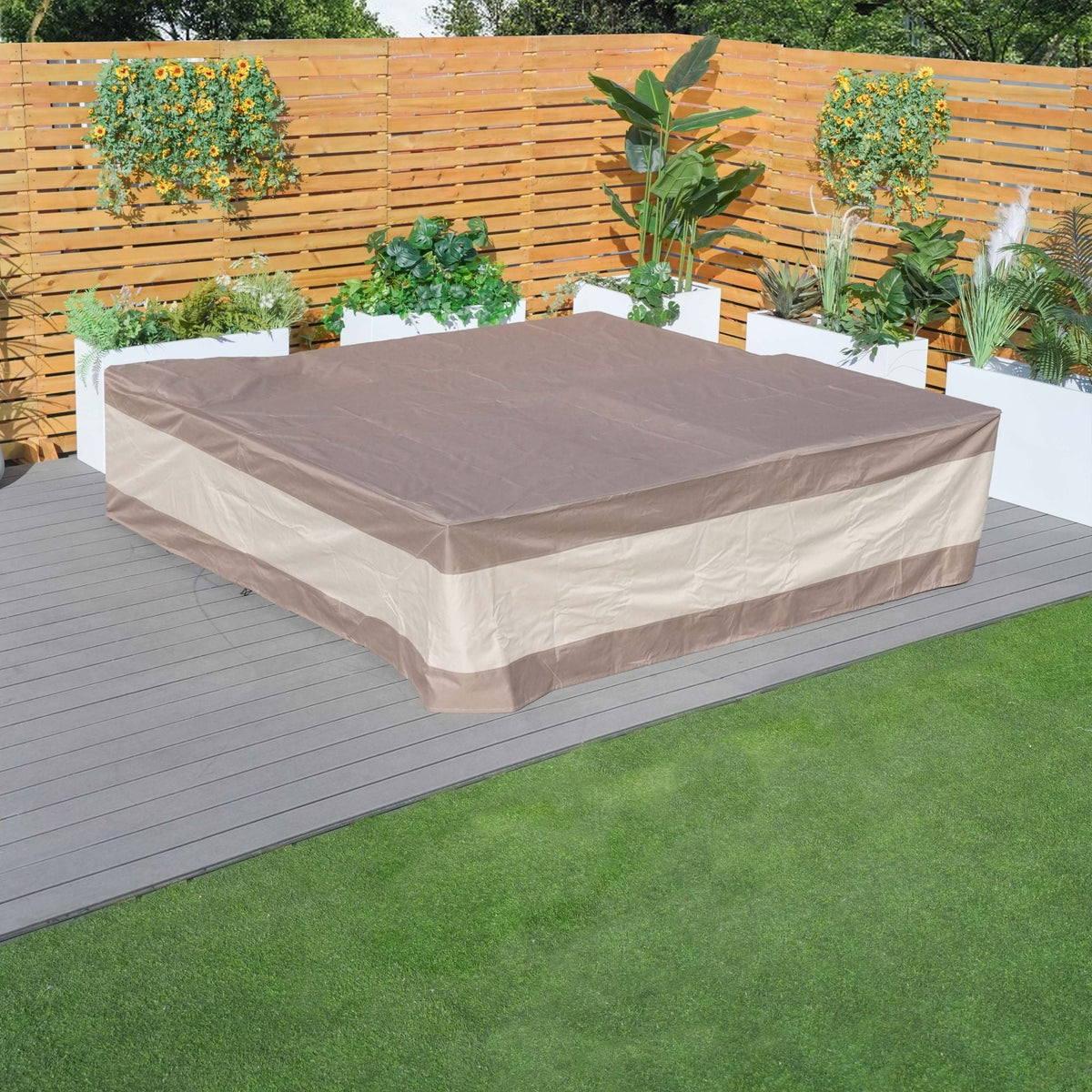 Outdoor sectional sofa cover, tan with darker panel center, fitted shape