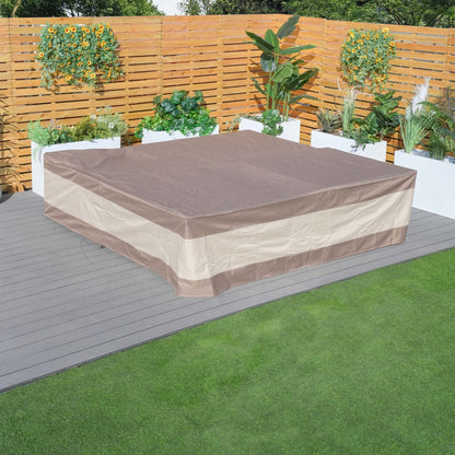 Outdoor sectional sofa cover, tan with darker panel center, fitted shape