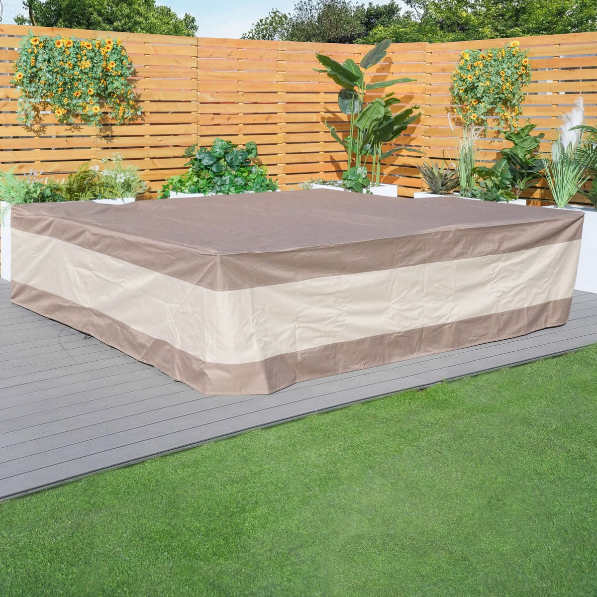 Outdoor sectional sofa cover, tan with darker top panel and smooth fitted drape