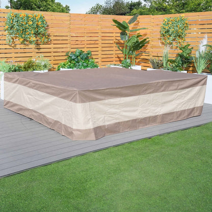 Outdoor sectional sofa cover, tan with darker top panel and smooth fitted drape