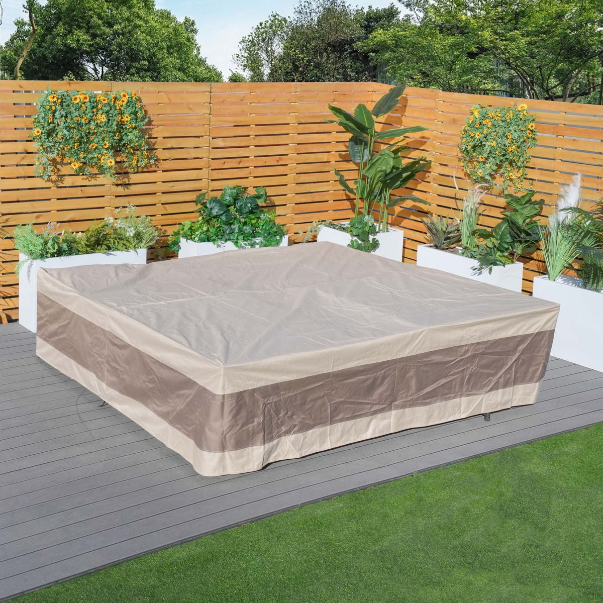 Outdoor sectional sofa cover fitted over patio seating, beige