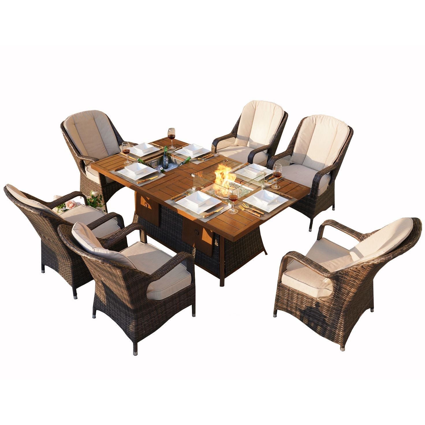 Direct Wicker 7 PCS Patio Gas Firepit and Ice Container Rectangle Dining Set with 6 Standard Height Chairs - Renee Lane Company