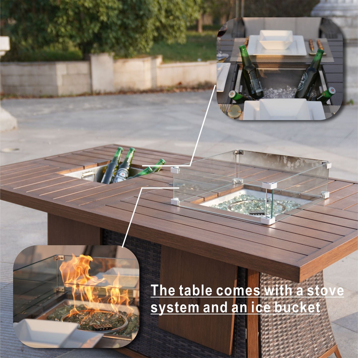 Direct Wicker 7 PCS Patio Gas Firepit and Ice Container Rectangle Dining Set with 6 Standard Height Chairs - Renee Lane Company