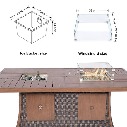 Direct Wicker 7 PCS Patio Gas Firepit and Ice Container Rectangle Dining Set with 6 Standard Height Chairs - Renee Lane Company