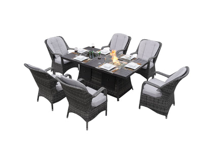Direct Wicker 7 PCS Patio Gas Firepit and Ice Container Rectangle Dining Set with 6 Standard Height Chairs - Renee Lane Company