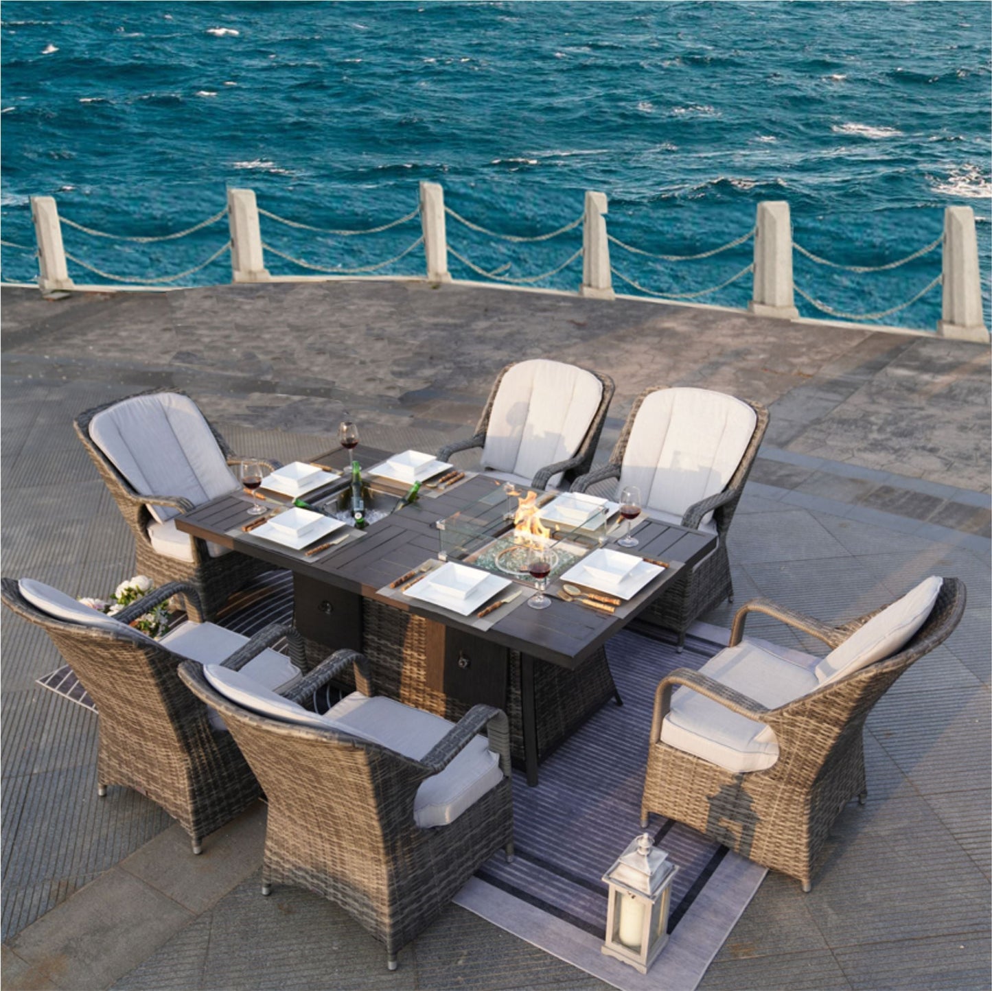 Direct Wicker 7 PCS Patio Gas Firepit and Ice Container Rectangle Dining Set with 6 Standard Height Chairs - Renee Lane Company