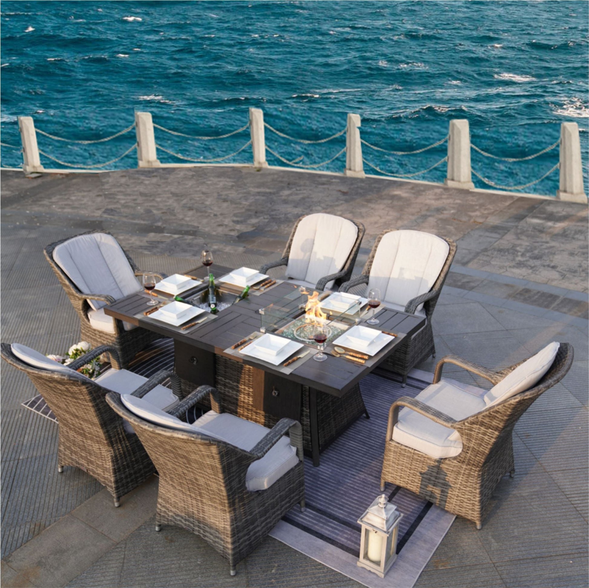 Direct Wicker 7 PCS Patio Gas Firepit and Ice Container Rectangle Dining Set with 6 Standard Height Chairs - Renee Lane Company