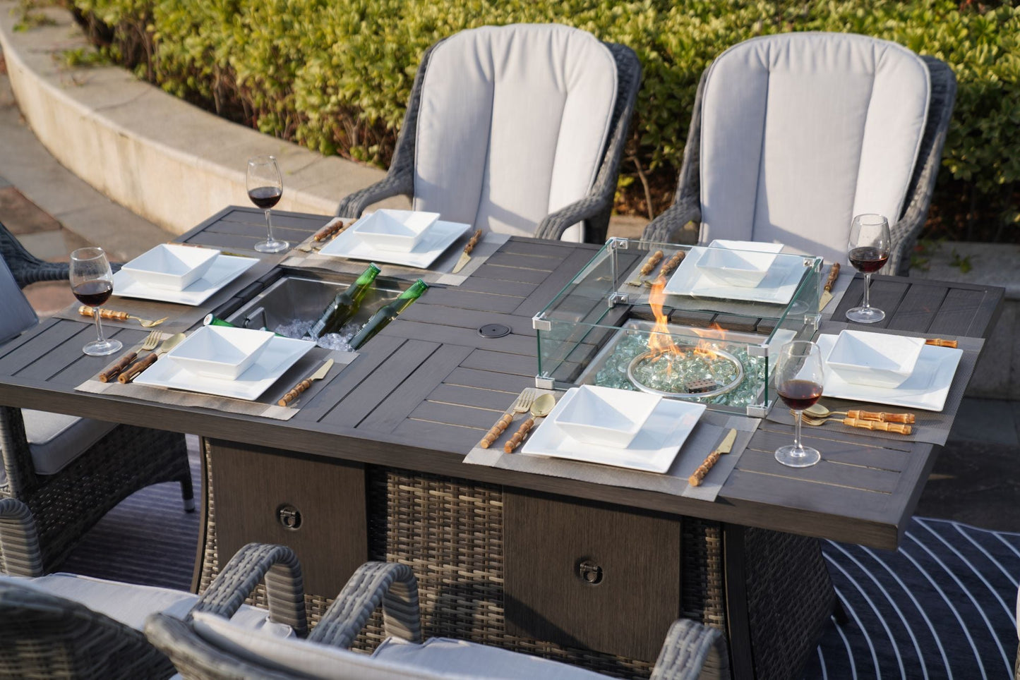 Direct Wicker 7 PCS Patio Gas Firepit and Ice Container Rectangle Dining Set with 6 Standard Height Chairs - Renee Lane Company