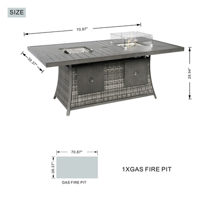 Direct Wicker 7 PCS Patio Gas Firepit and Ice Container Rectangle Dining Set with 6 Standard Height Chairs - Renee Lane Company