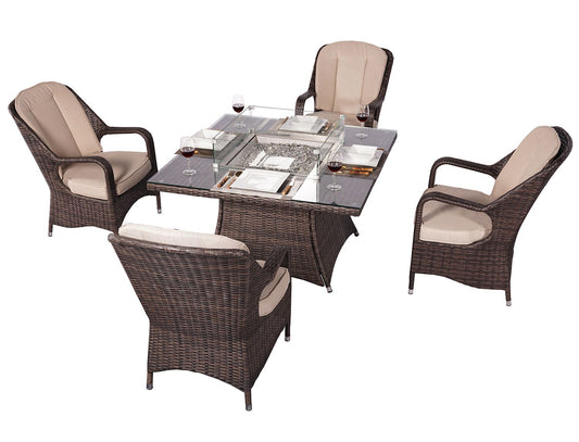 Outdoor wicker dining set with dark rattan chairs and beige cushions around a glass-top table