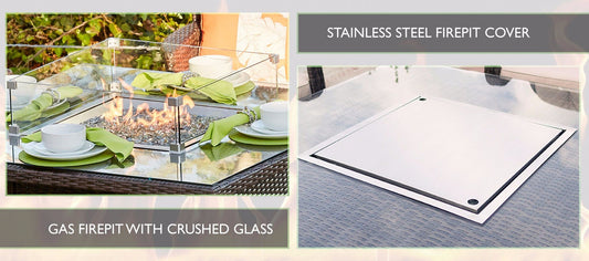 Square gas firepit with stainless cover and crushed glass filling