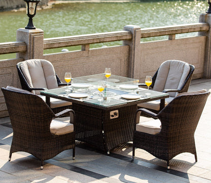Direct Wicker Outdoor 4-Seat Rattan Square Gas Firepit Dining Set with Eton Chairs and Cushion - Renee Lane Company