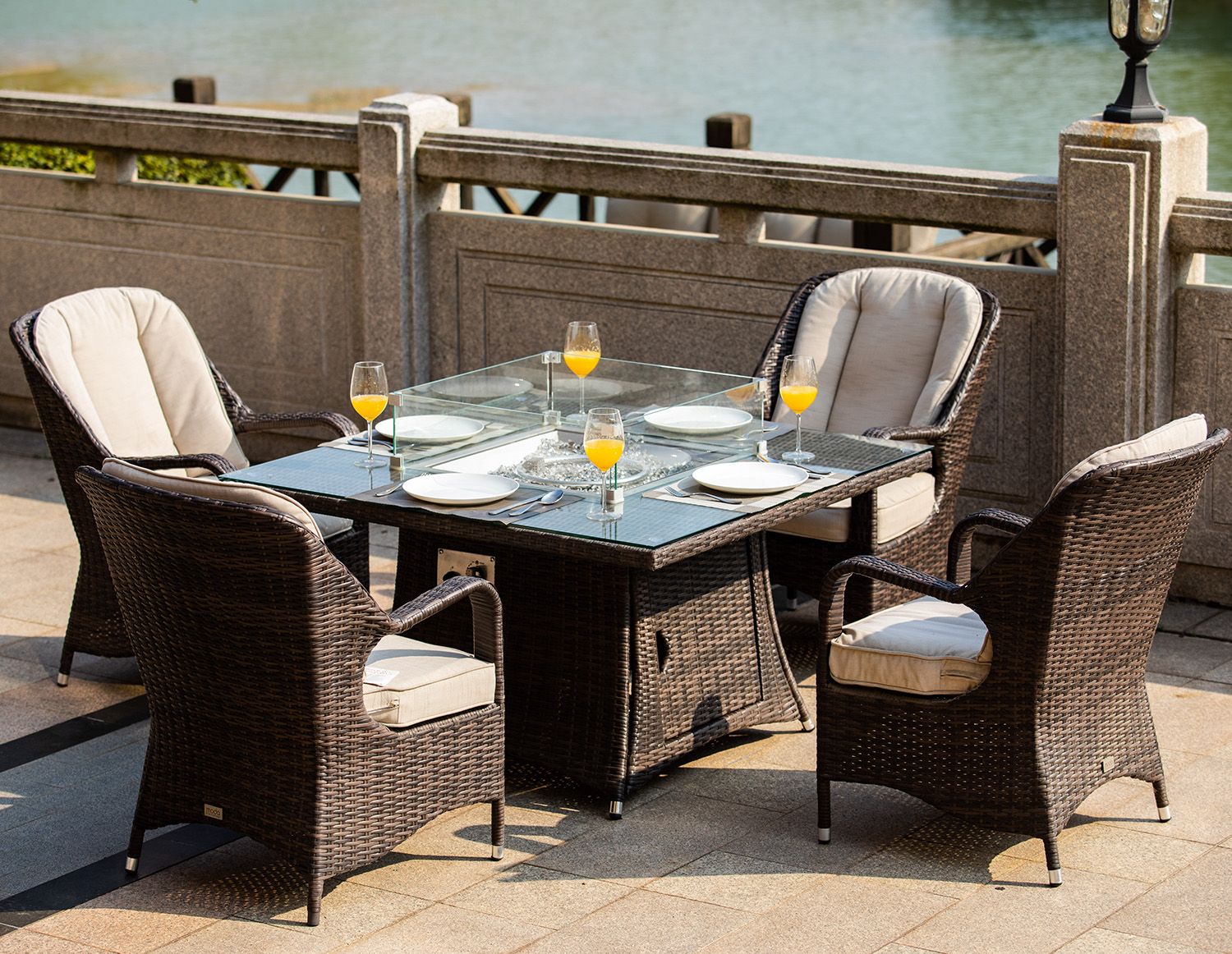 Direct Wicker Outdoor 4-Seat Rattan Square Gas Firepit Dining Set with Eton Chairs and Cushion - Renee Lane Company