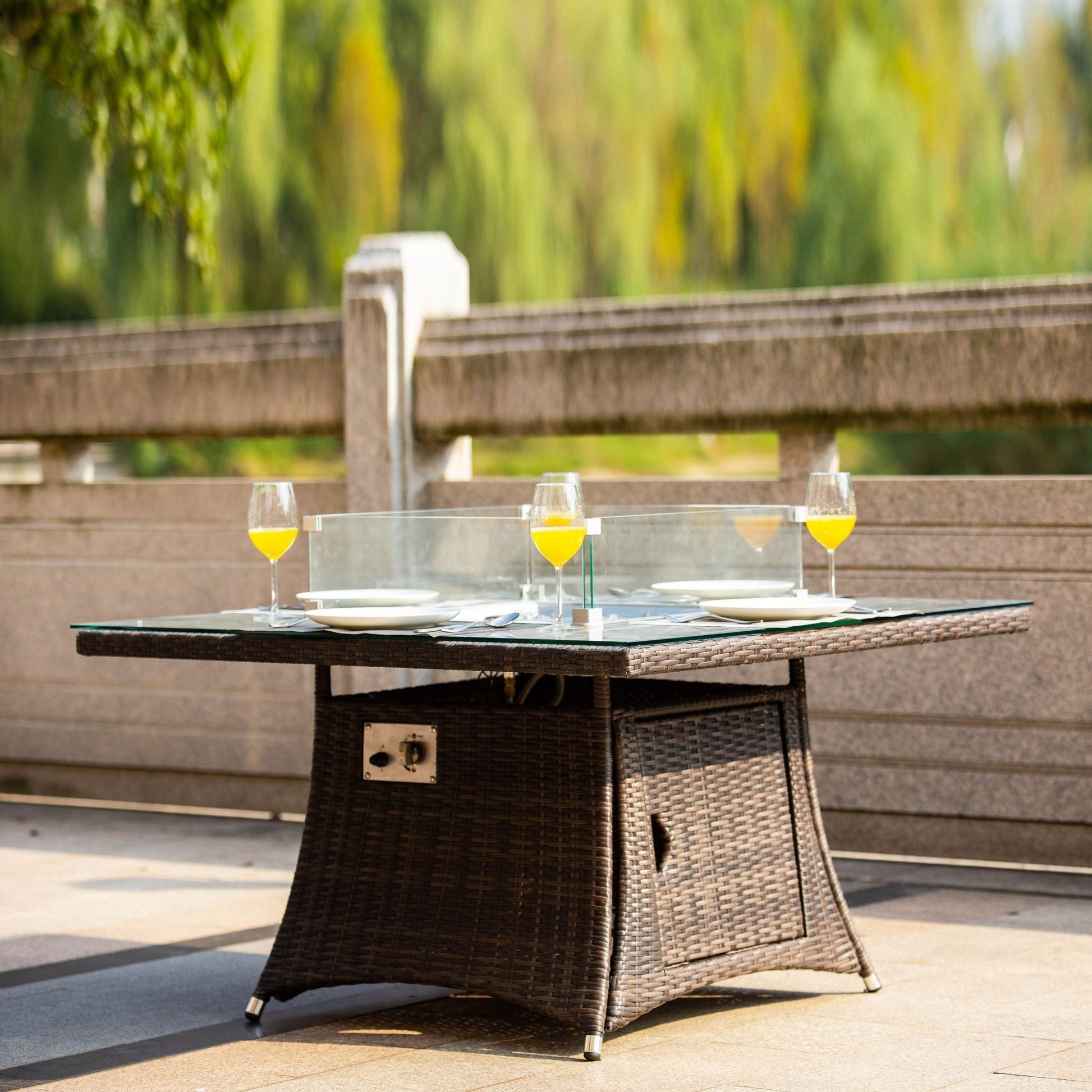 Direct Wicker Outdoor 4-Seat Rattan Square Gas Firepit Dining Set with Eton Chairs and Cushion - Renee Lane Company