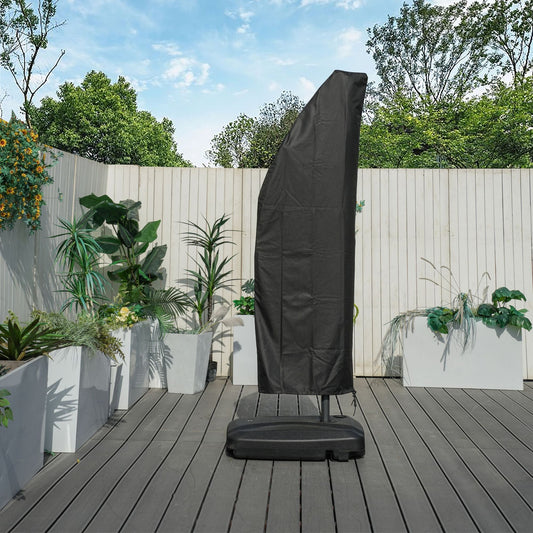 Cantilever umbrella zipper cover, dark gray/black, fitted over an upright cantilever stand