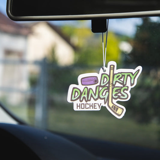 Hockey-themed car air freshener charm with “DIRTY DANGLES” text and yellow string