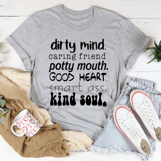 Heather gray graphic crew-neck t-shirt, front text reading "dirty mind"