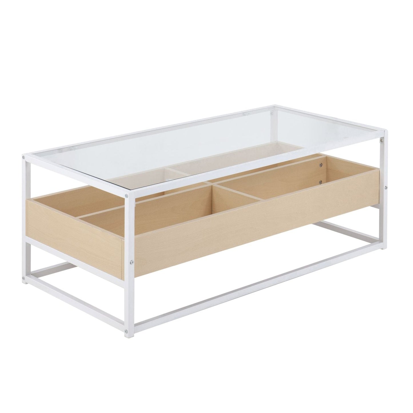 Display Contemporary Coffee Table in White Metal, Natural Wood, and Clear Glass by - Renee Lane Company