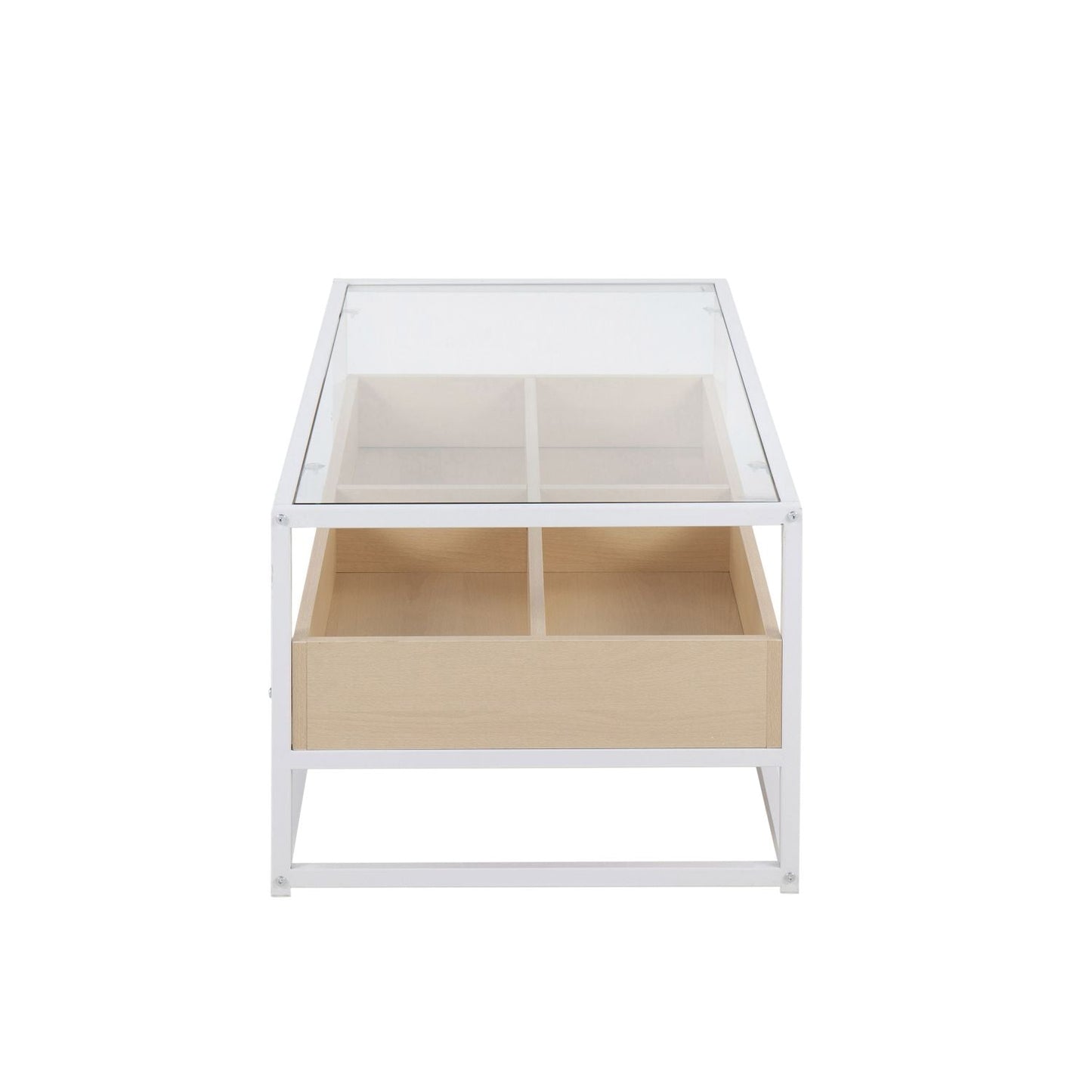 Display Contemporary Coffee Table in White Metal, Natural Wood, and Clear Glass by - Renee Lane Company