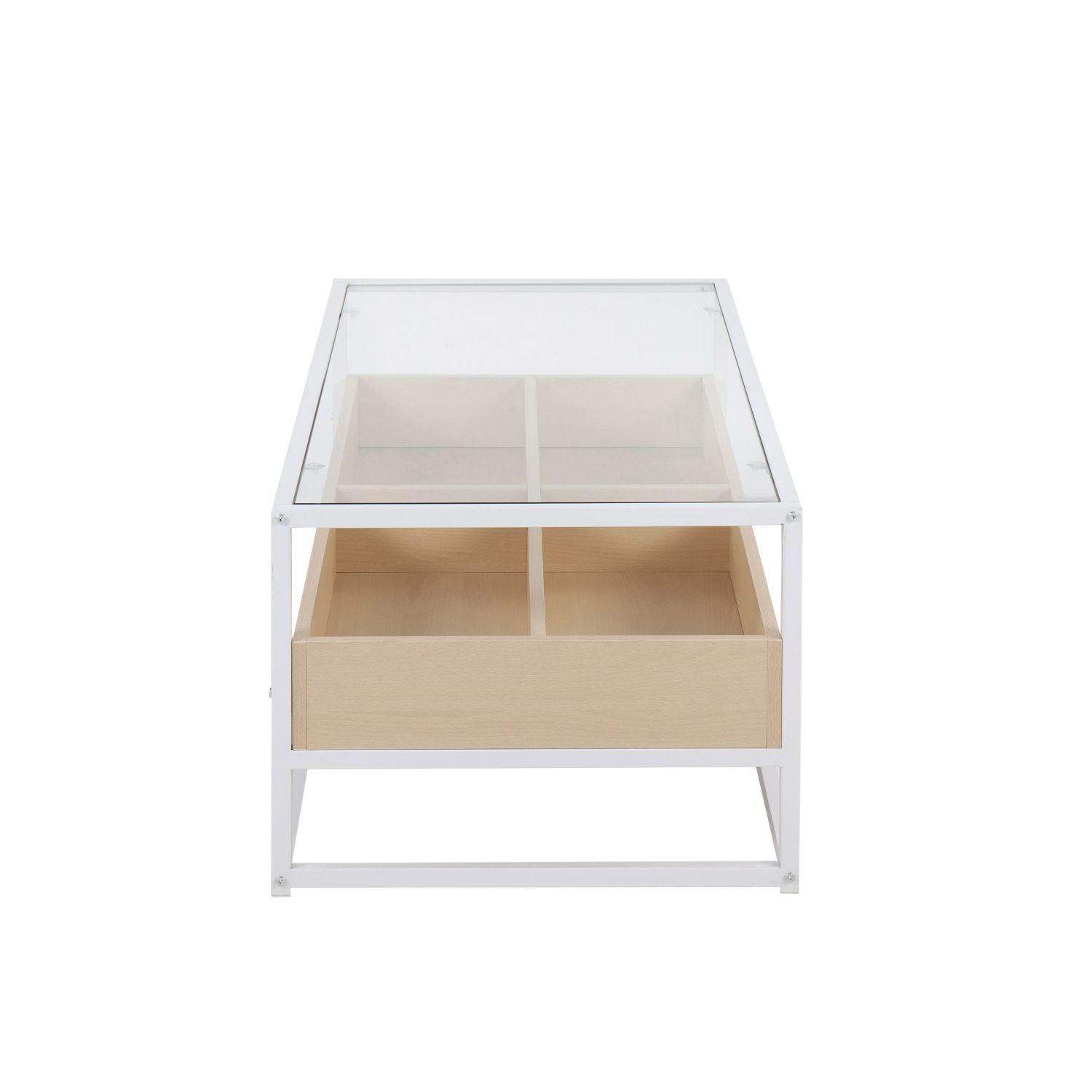 Display Contemporary Coffee Table in White Metal, Natural Wood, and Clear Glass by - Renee Lane Company