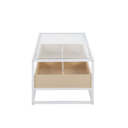 Display Contemporary Coffee Table in White Metal, Natural Wood, and Clear Glass by - Renee Lane Company