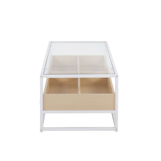 Display Contemporary Coffee Table in White Metal, Natural Wood, and Clear Glass by - Renee Lane Company